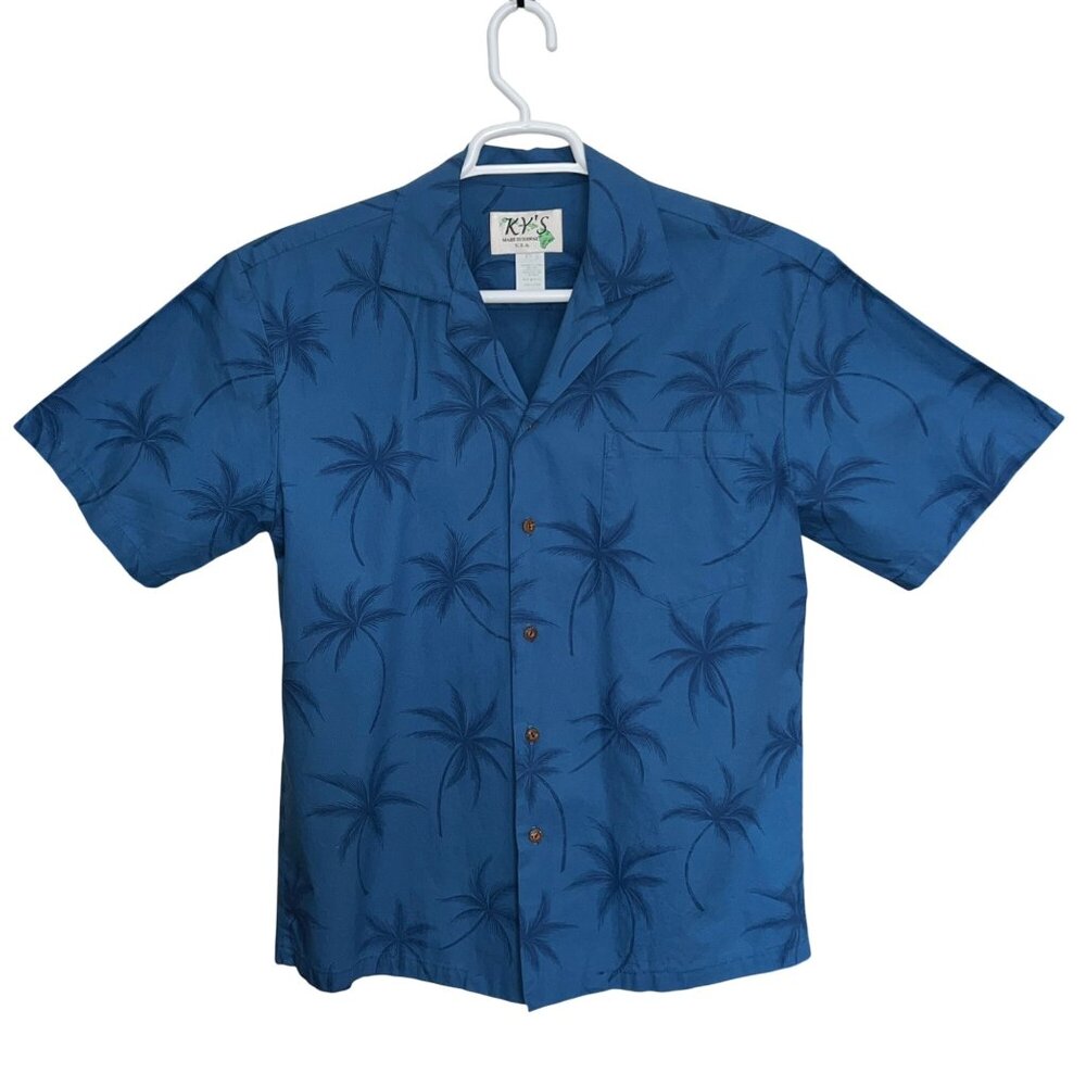 Kys Vintage Mens Hawaiian Blue Palm Tree Shirt Made In Hawaii 100% Cotton Size M